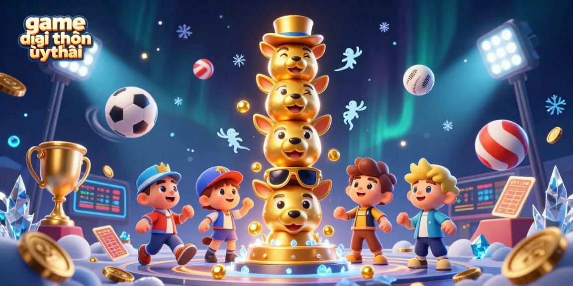 Win big with game đổi thưởng uy tín in a vibrant online casino scene featuring a golden totem and sports elements.