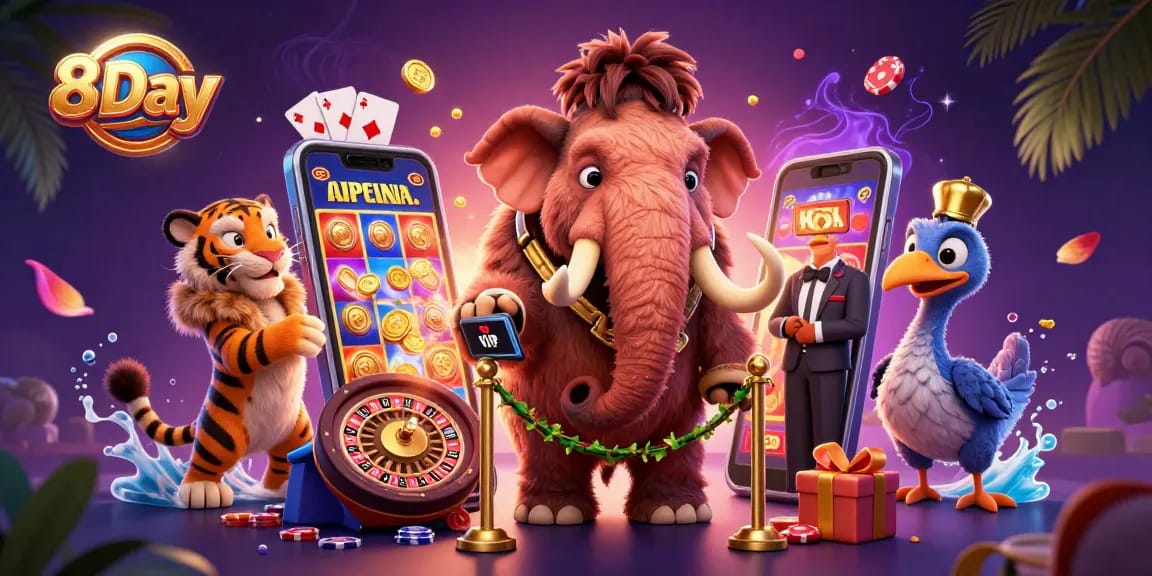 8Day casino welcomes players with a bouncer, VIP guest, and colorful slot game elements.