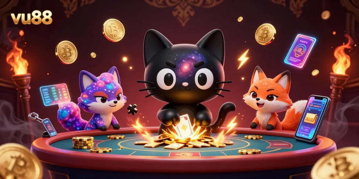 Experience gaming thrills at vu88 with a cosmic casino theme featuring captivating characters and digital elements.
