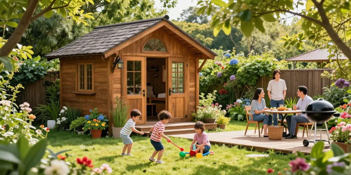 Gartenhaus Holz in einem idyllischen Garten mit spielenden Kindern und entspannten Erwachsenen.