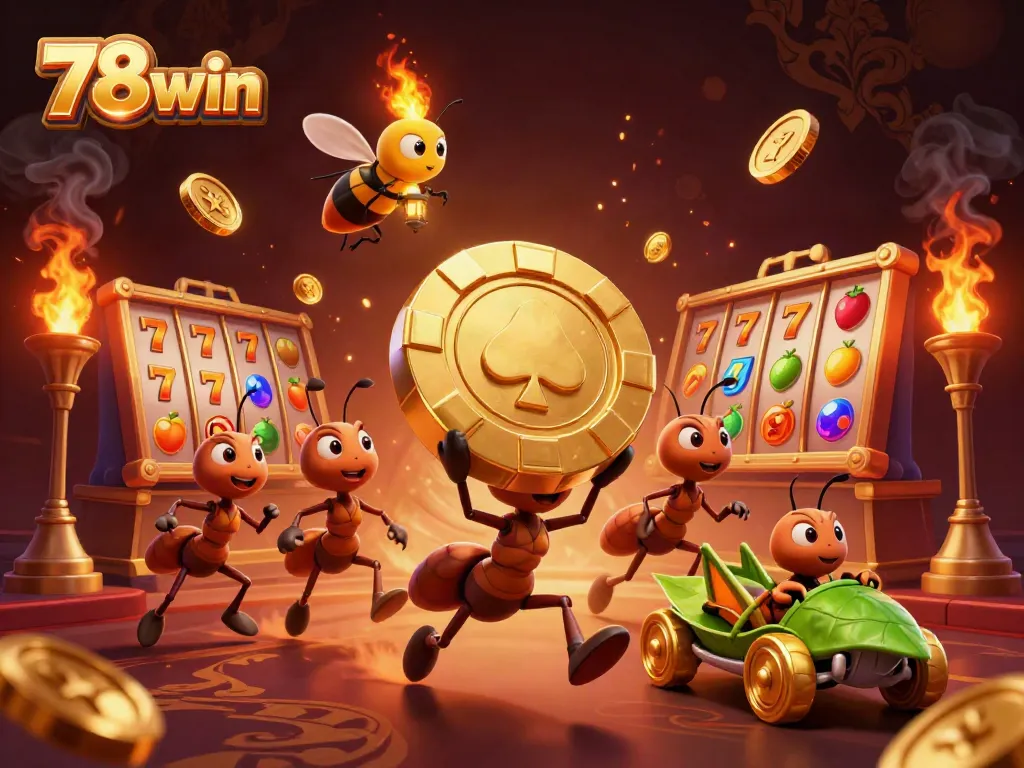 Engage with the energetic world of 78win as ants heist a giant poker chip amidst a dynamic casino scene.