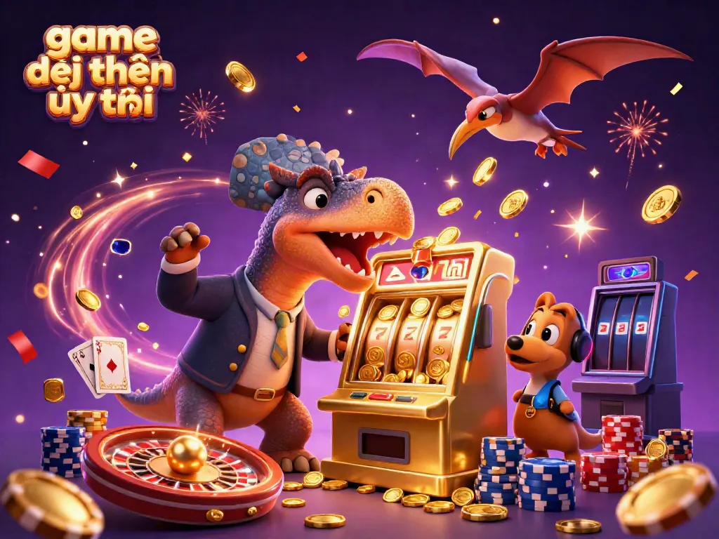 Experience excitement with game đổi thưởng uy tín, showcasing dynamic casino elements and playful creatures in a vibrant scene.