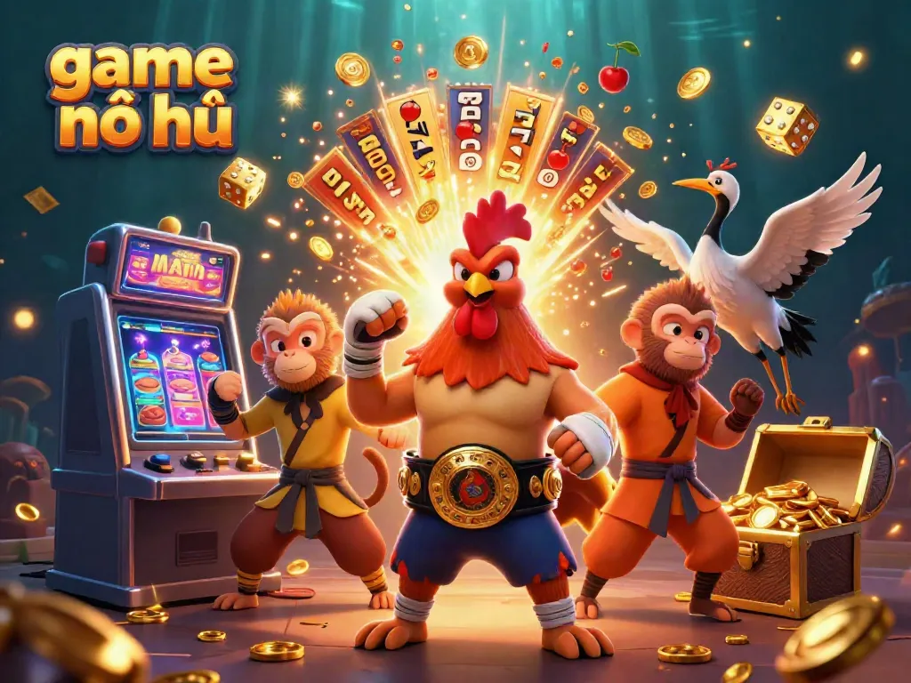 Experience the thrilling game nổ hũ with vibrant characters, jackpot symbols, and dynamic casino elements.
