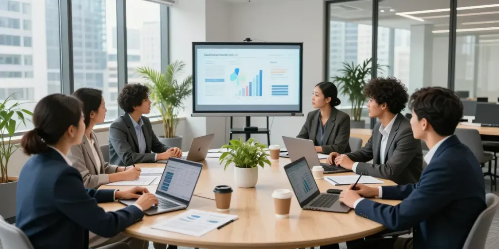 E.T.K Personalberatung GmbH Besprechungsszene mit diverser Teamgruppe in modernem Büro.