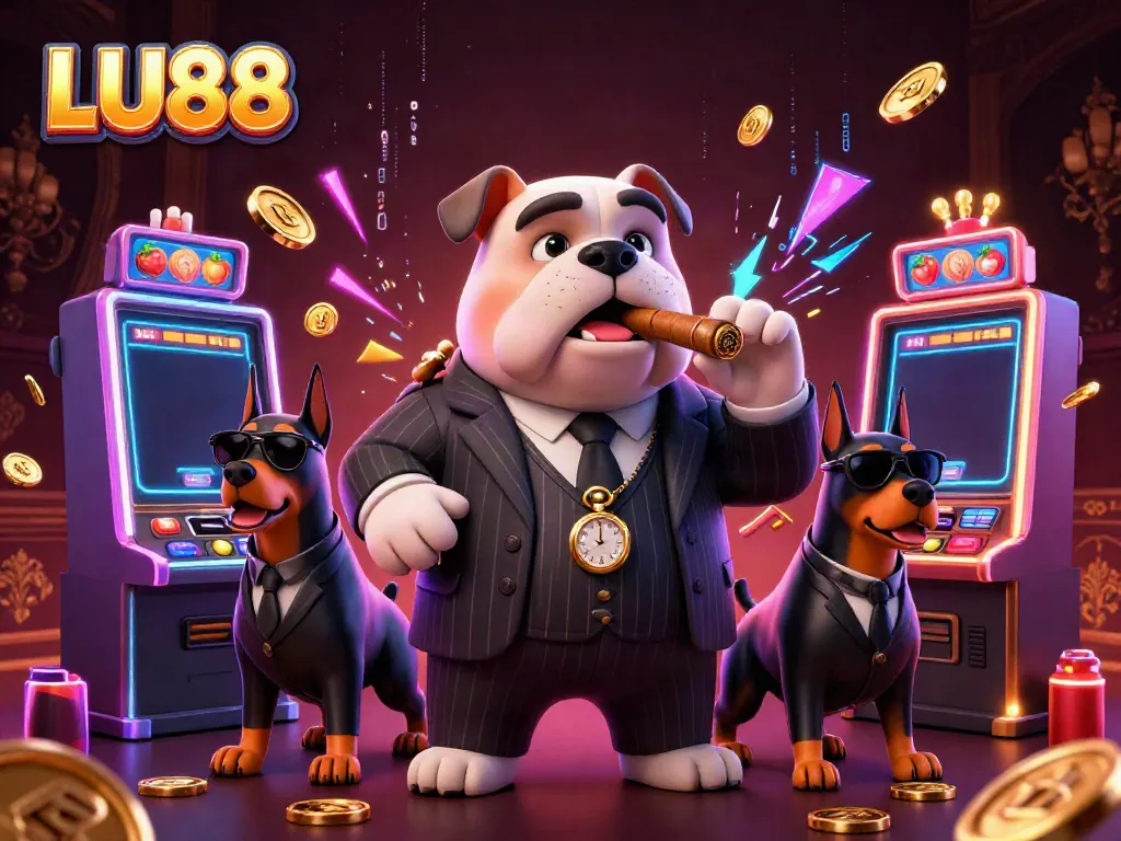 LU88 showcases a casino scene with a mafia bulldog and bodyguards among vibrant slot machines.