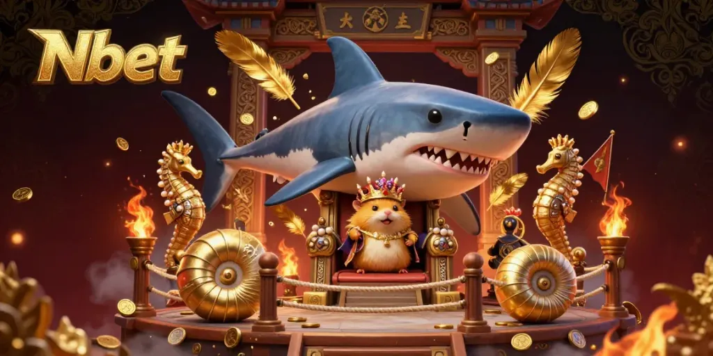Nbet captivating illustration featuring a hamster king on a shark throne, alongside seahorse guards and gold tokens.