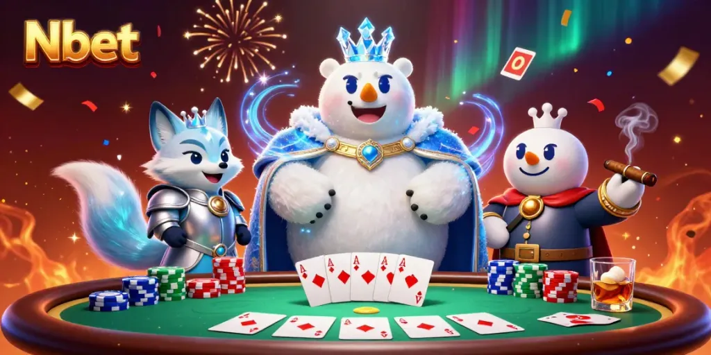 Engage in Nbet gaming excitement with a lively polar bear and fox duo at a vibrant poker scene.