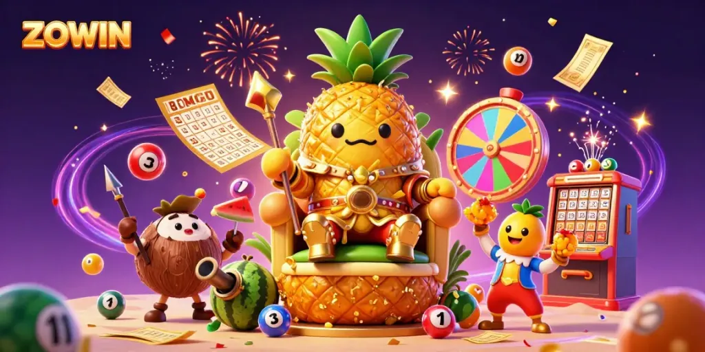 ZOWIN offers thrilling online gaming experiences with vibrant elements in a festive digital illustration.