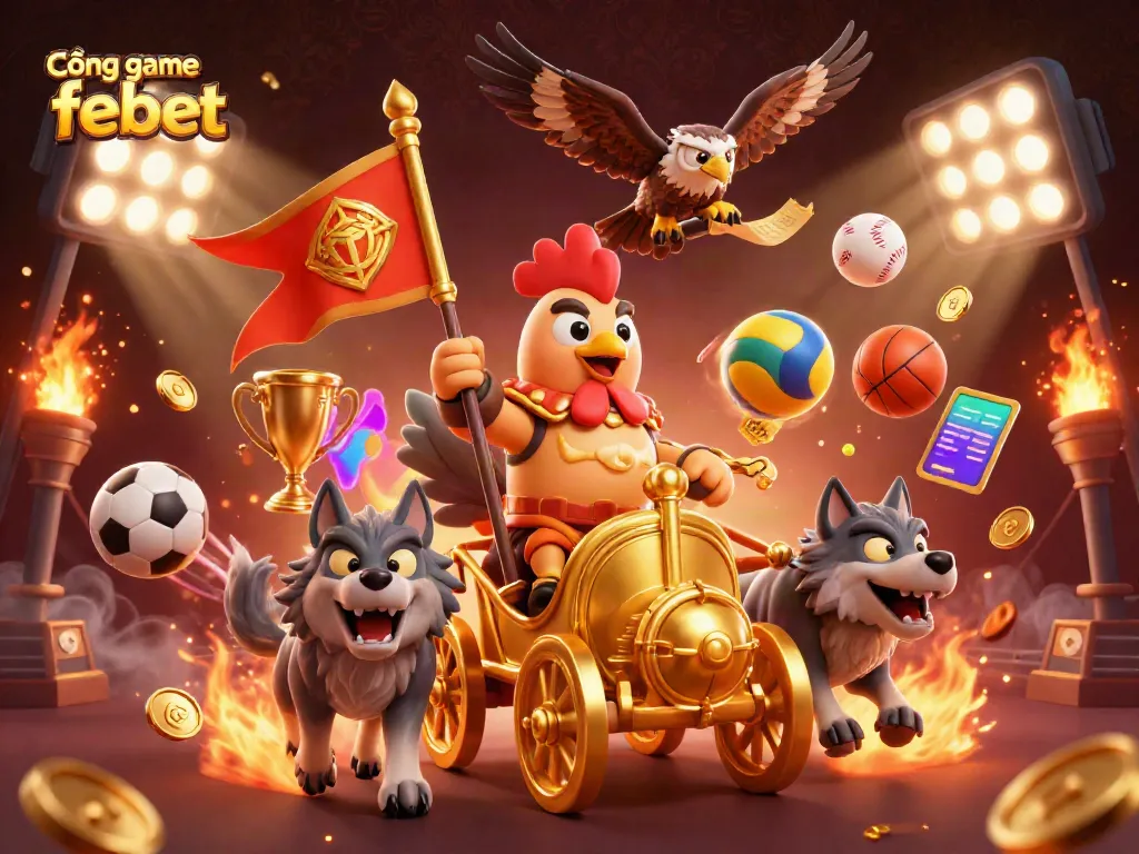 Cổng game febet showcases a dynamic scene with a rooster warlord, wolves, and sports elements in an explosive casino atmosphere.