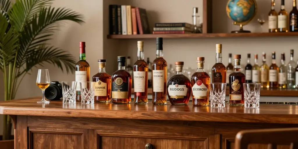 Eine elegante Rum Sammlung in einer luxuriösen Hausbar mit verschiedenen Flaschen und Gläsern.