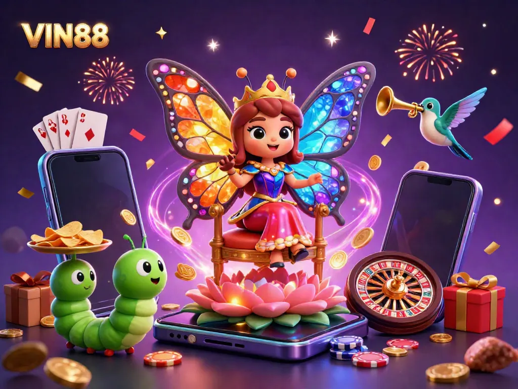 Experience vibrant gaming with VIN88, featuring a butterfly queen, slots, and festive excitement.