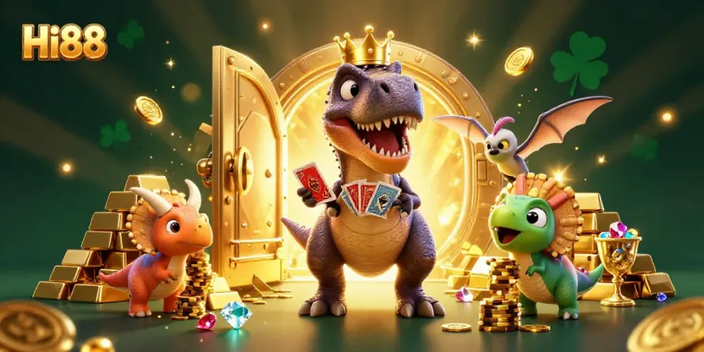 Engage in thrilling gameplay with Hi88's dynamic casino scene featuring friendly dinosaurs and sparkling treasures.