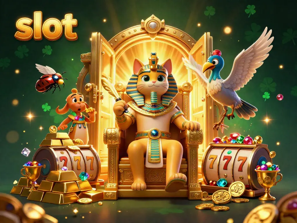 Experience thrilling slot gameplay with our Egyptian pharaoh cat and treasure in vibrant 3D.