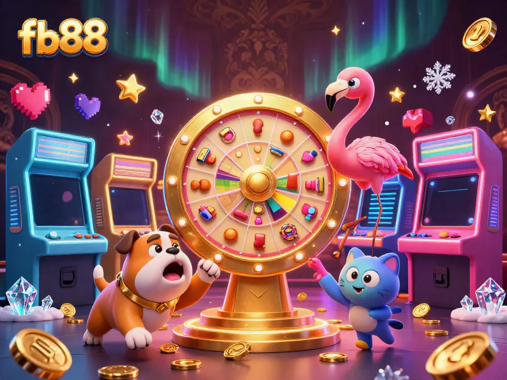 Experience thrilling gaming at fb88 with a vibrant casino scene featuring cartoon characters and glowing arcade elements.