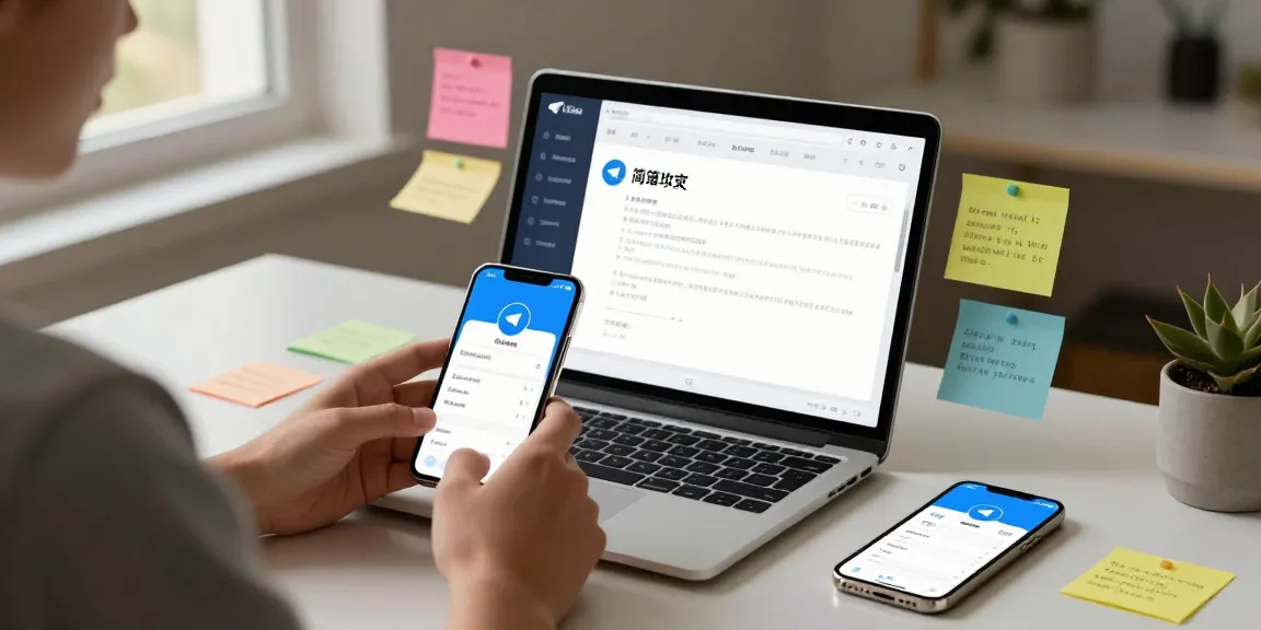 Set the Telegram中文 interface in a modern workspace with tech setup.