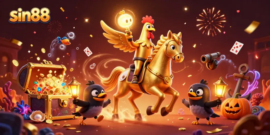 Experience the thrilling adventure of sin88 with a golden rooster and spooky companions in a vibrant casino setting.