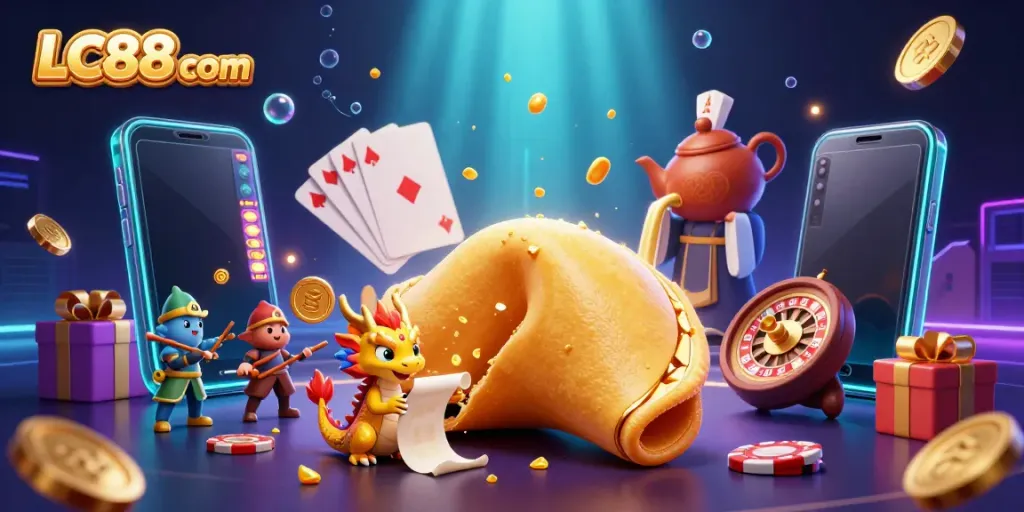 Engage with lively gaming at LC88 com featuring a golden fortune cookie and dynamic casino elements.