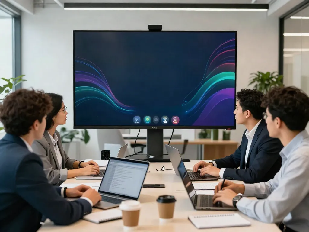 Reunião virtual de equipe em um ambiente de escritório moderno, abordando temas do bpi net empresas