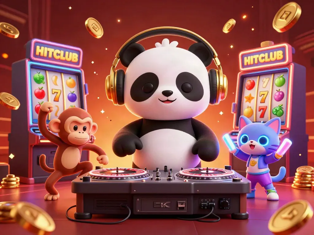 Experience HITCLUB with a vibrant casino party scene, featuring a DJ panda and thrilling slot games!