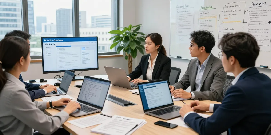 Startseite with business consultants discussing data privacy strategies in a modern office setting.
