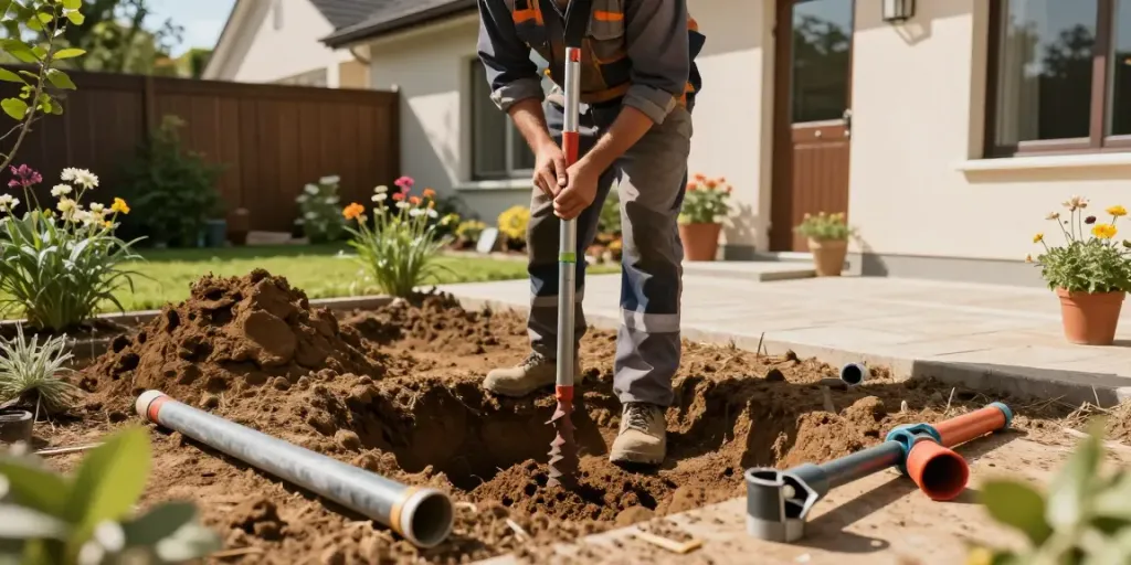 Installation von Geothermie Kosten in einem Garten mit Techniker, Bohrer und frischem Erdreich.