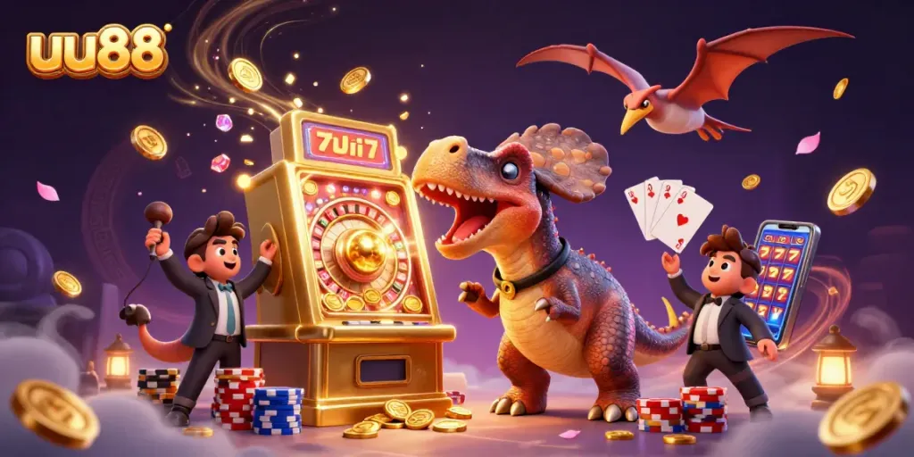 uu88 features a cartoon dinosaur winning at the slot machine while golden coins cascade around