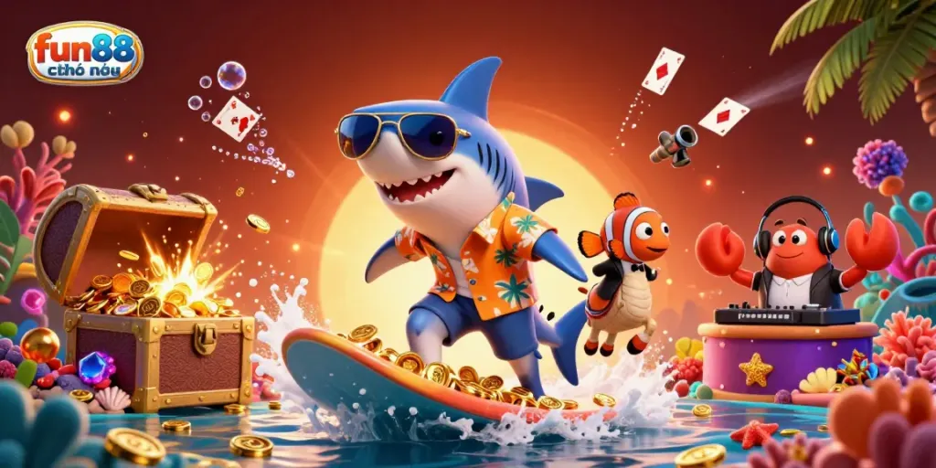 Experience fun88 chính thức with a vibrant underwater scene featuring a surfing shark, treasure chests, and colorful gaming elements.