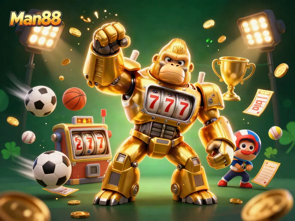 Experience thrilling sports betting action with Man88 in a vibrant 3D scene showcasing a golden gorilla mech.