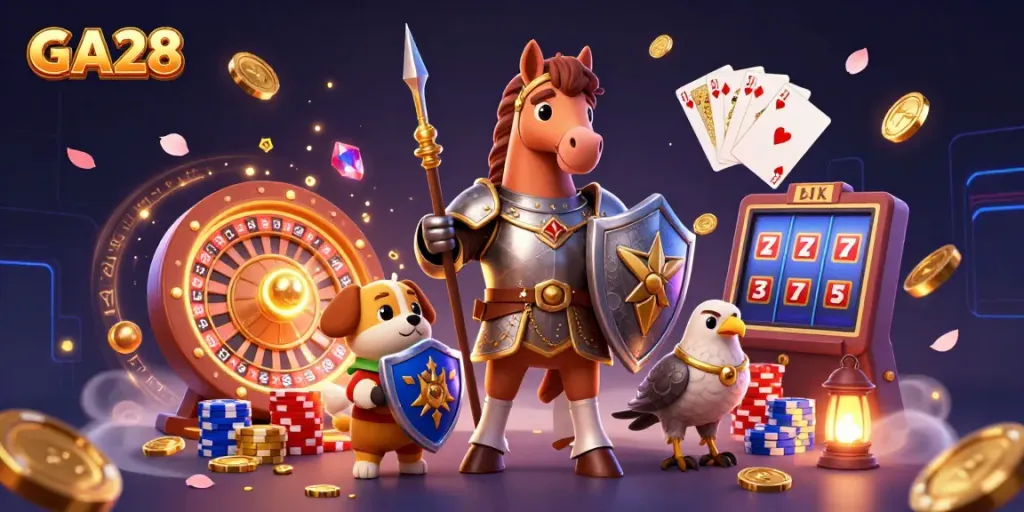 Engage with GA28's thrilling online betting arena featuring vibrant 3D characters and casino elements.