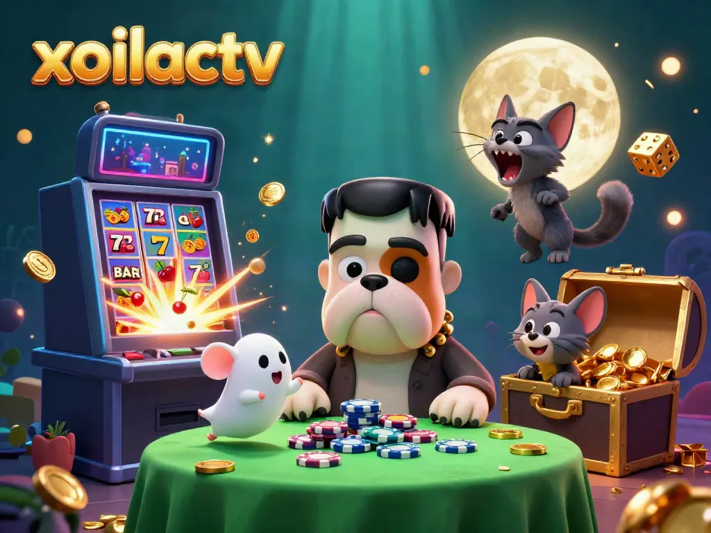 Xoilactv's enthralling 3D casino scene with a Frankenstein bulldog dealer, dynamic gaming elements, and lively decorations.