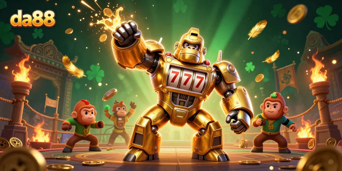 Experience excitement with da88 as the golden gorilla mech wins big in a vibrant casino arena.