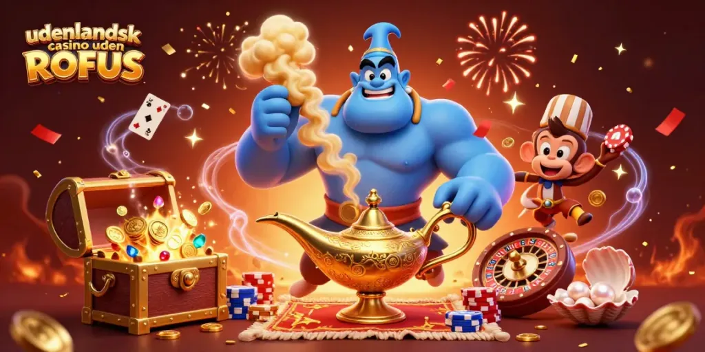 Experience thrilling gameplay at udenlandsk casino uden ROFUS with an energetic scene of genies and casino elements.