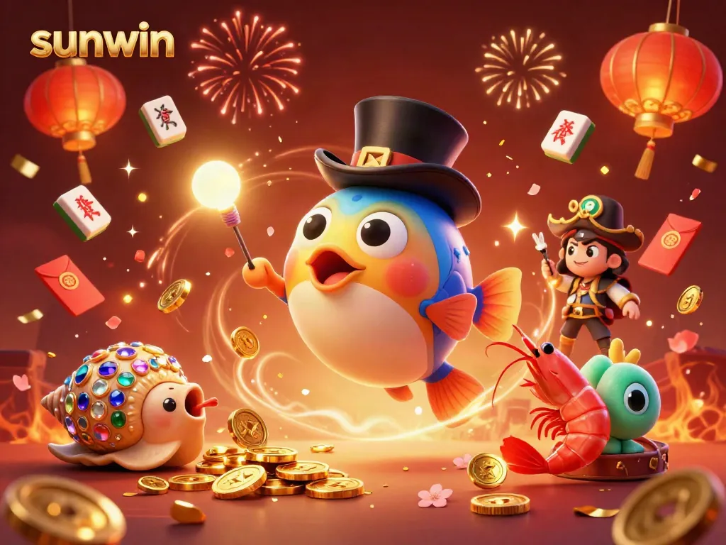 Experience thrilling wins with sunwin's vibrant 3D casino illustration, showcasing vivid characters and game elements.