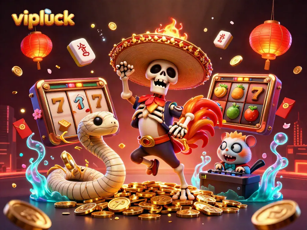 Experience vibrant gameplay at VipLuck with a skeleton mariachi, mummy snake, and DJ hamster amidst casino elements.