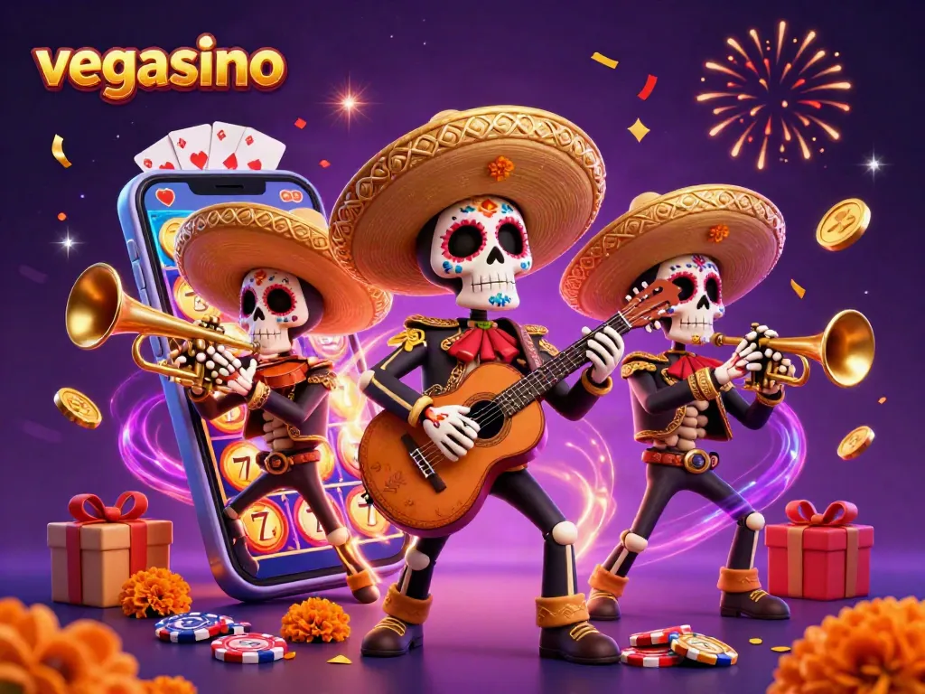 Spin the reels at vegasino with vibrant skeleton mariachi and festive casino symbols.
