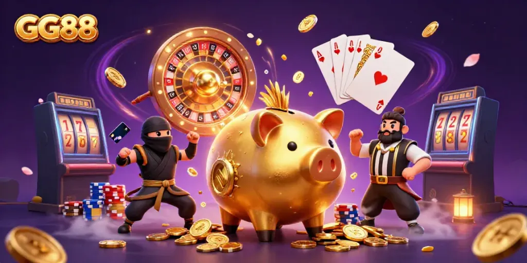Experience exciting gameplay at GG88 with a golden piggy bank sumo wrestler surrounded by cascading coins and vibrant casino elements.