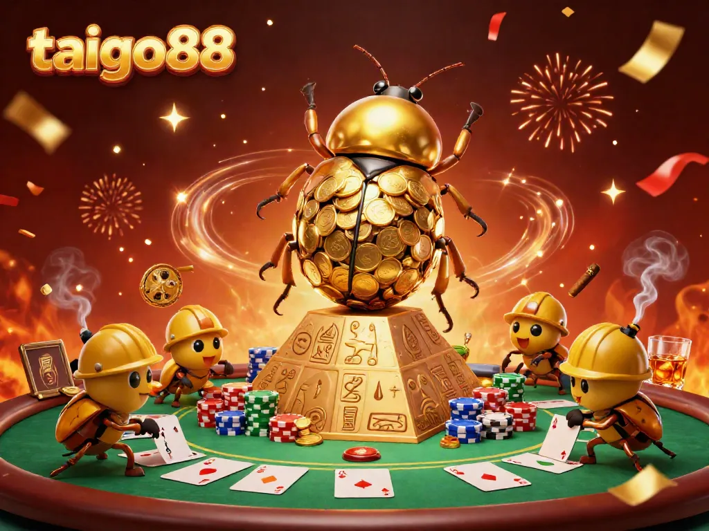 Join the fun at taigo88 with a golden dung beetle rolling coins, surrounded by poker symbols.