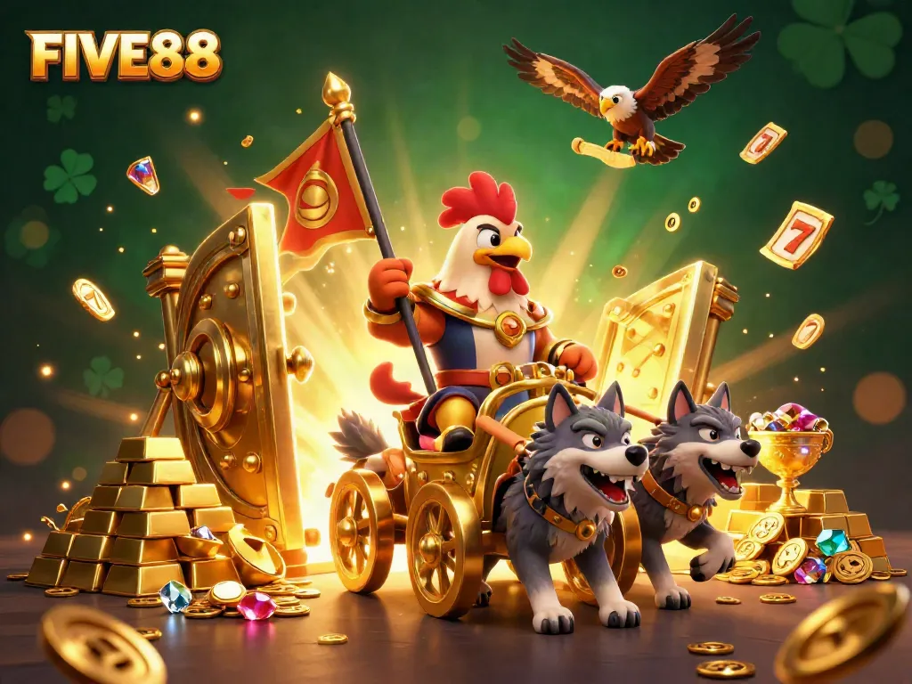 Experience the excitement of FIVE88 with a dynamic scene featuring a rooster warlord amidst gold and casino riches.