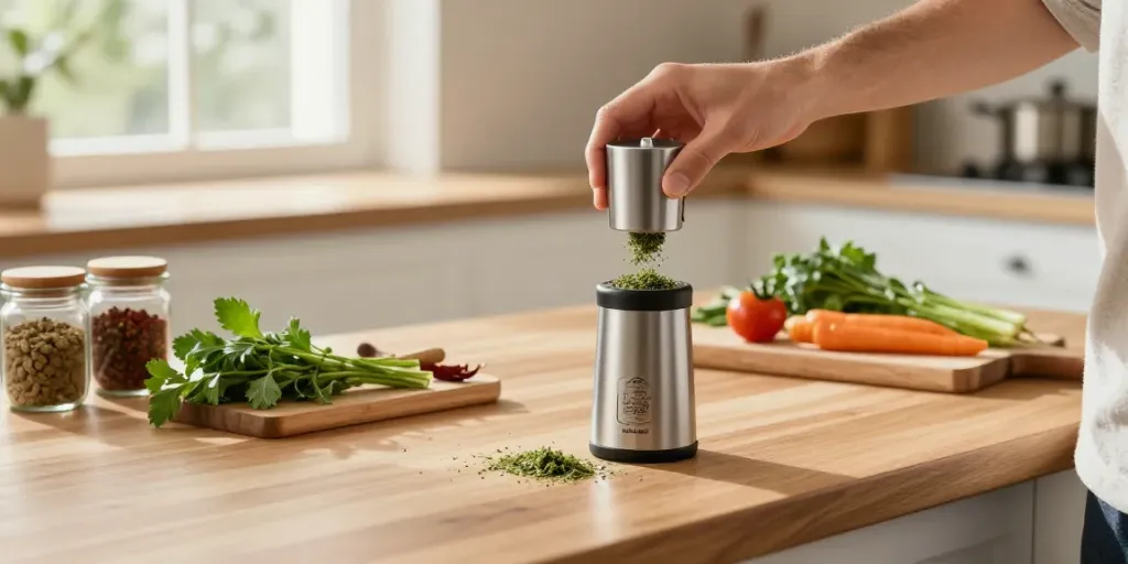 Grinding herbs with a premium grinder aluminium in a bright kitchen, surrounded by fresh ingredients.