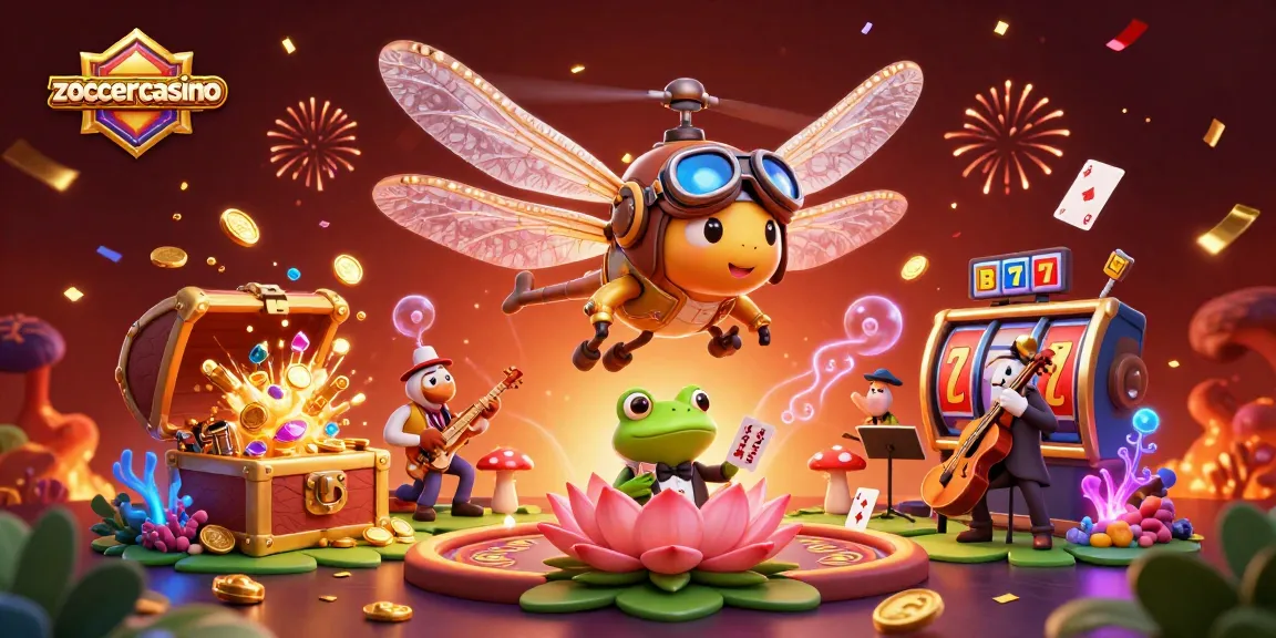 Experience the thrill of zoccercasino with a vibrant 3D illustration of a dragonfly pilot and frog croupier in action.