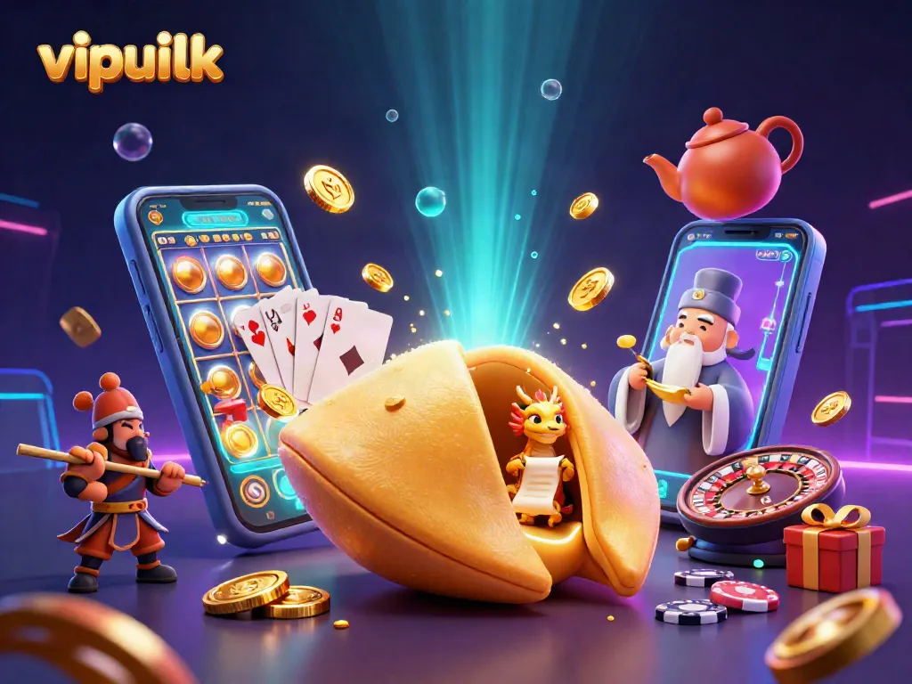 Play at vipluck with a vibrant illustration showcasing a golden fortune cookie and dynamic gaming elements.