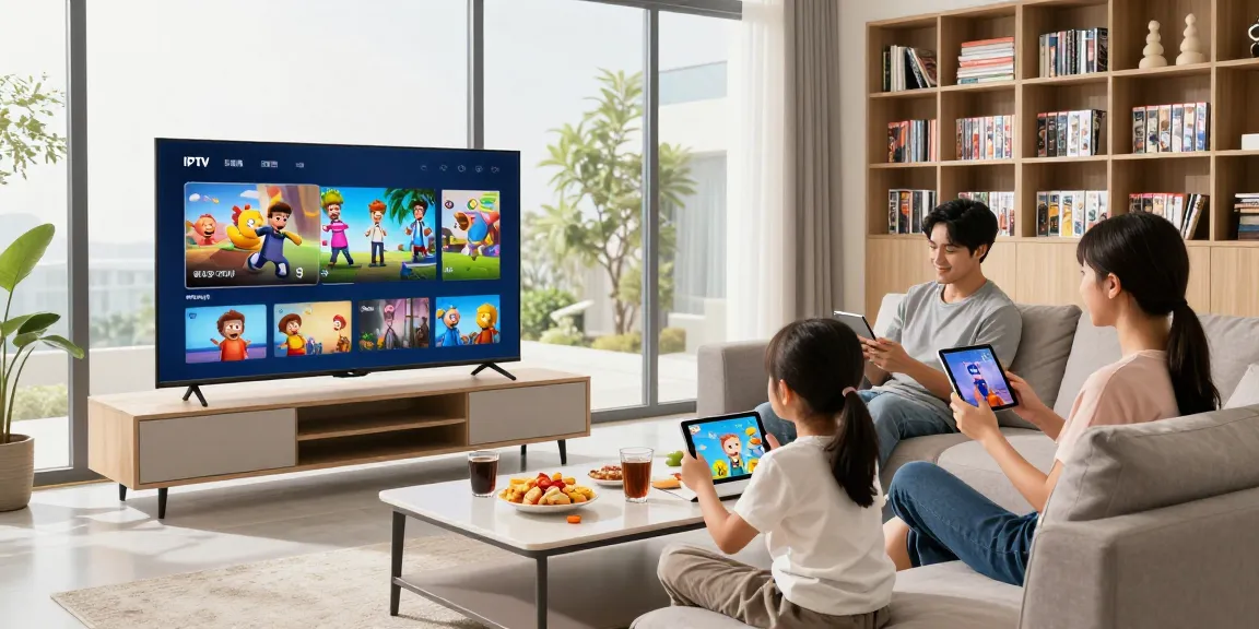Familie genießt IPTV kaufen im modernen Wohnzimmer mit großen Fernseher.