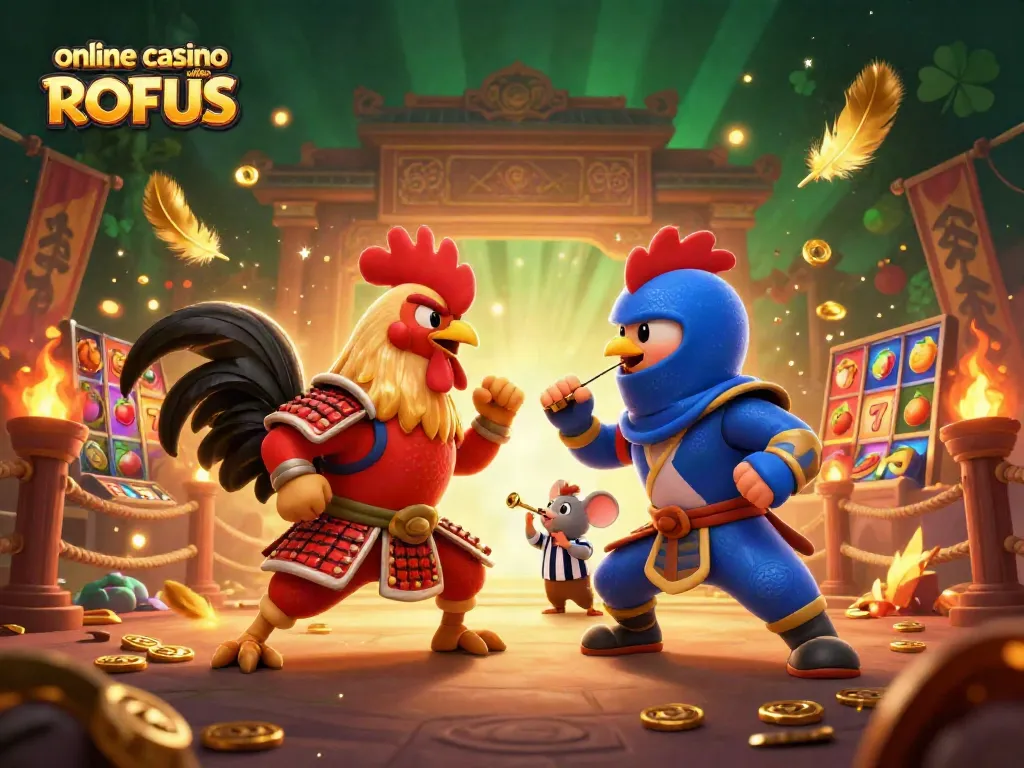 Watch twin fighting roosters clash in a dynamic scene representing online casino uden ROFUS action.