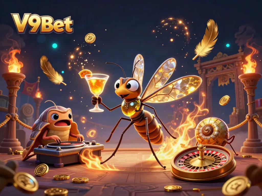 Experience winning at V9Bet with a lively casino atmosphere featuring playful characters and dynamic action.