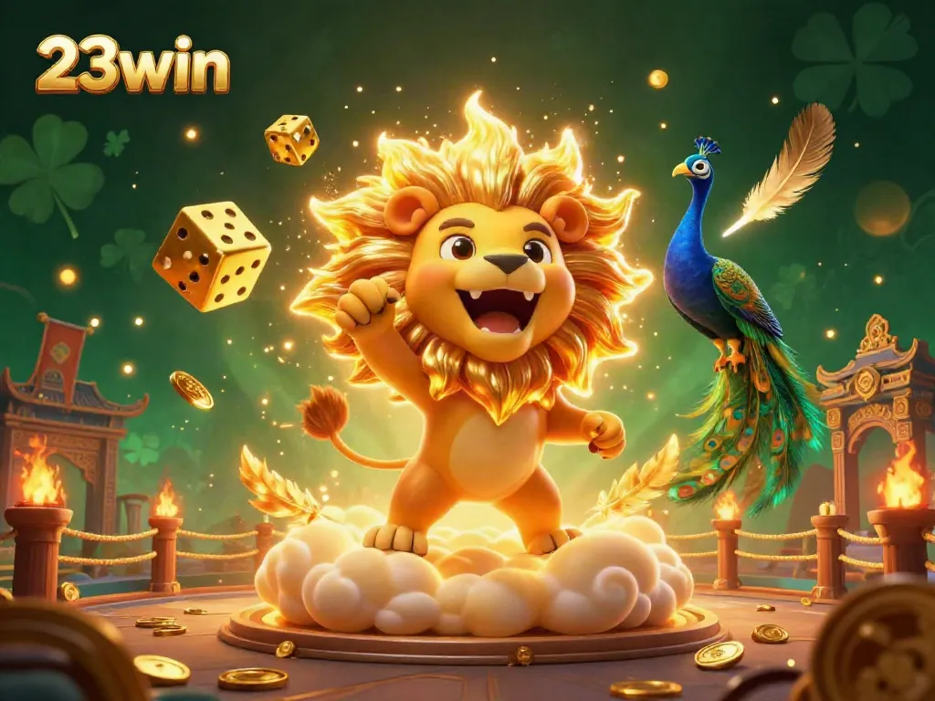 Experience the thrilling world of 23win with a vibrant 3D casino scene featuring a lion, golden dice, and dynamic gaming elements.