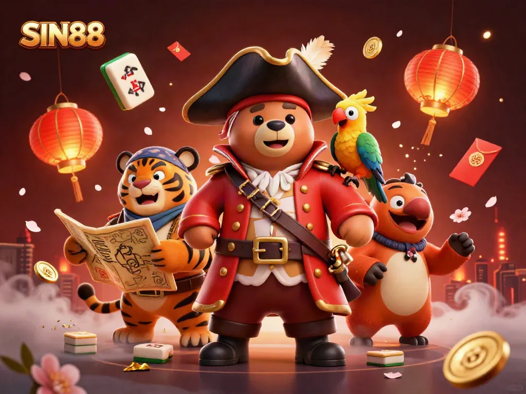 SIN88 offers vibrant gaming action with a 3D pirate bear captain amidst festive elements.