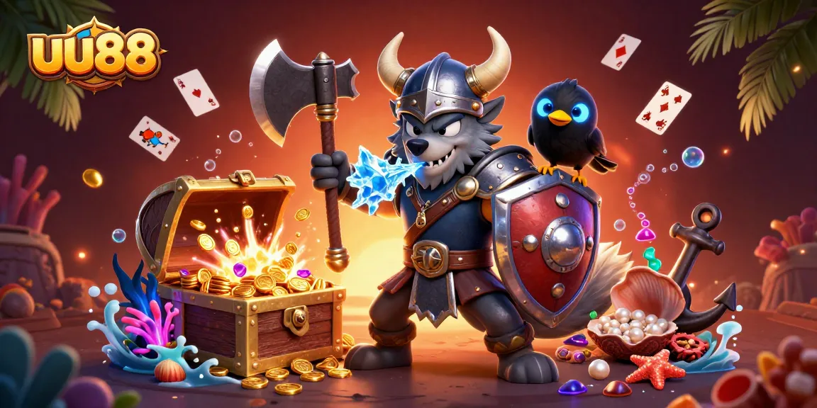 uu88 elevates online casino thrills with vibrant 3D scenes featuring heroic Viking and magical creatures.