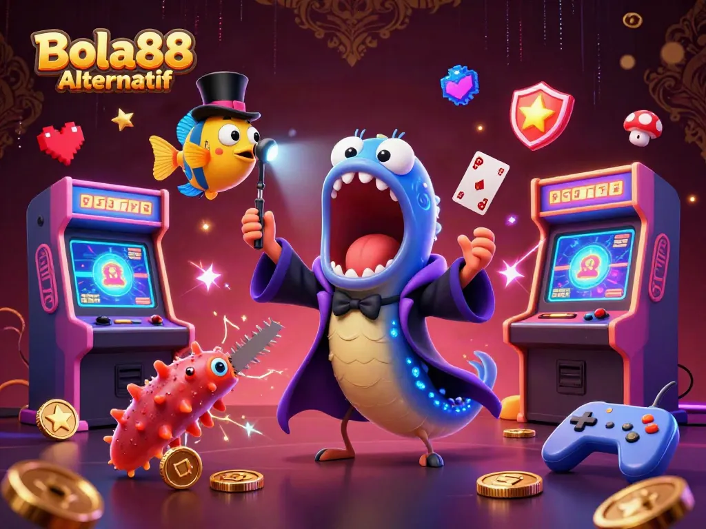 Bola88 Alternatif brings excitement to players as a bioluminescent eel performs thrilling card tricks in a vibrant casino setting.