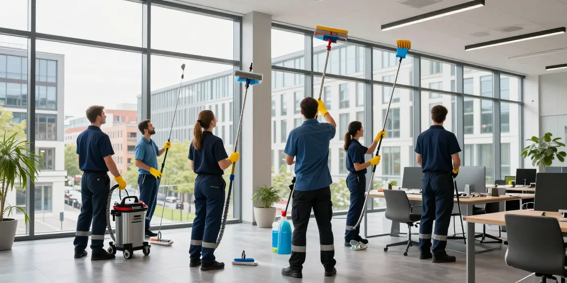 Professionelle Gebäudereinigung Düsseldorf mit geschultem Team und modernen Reinigungsgeräten.