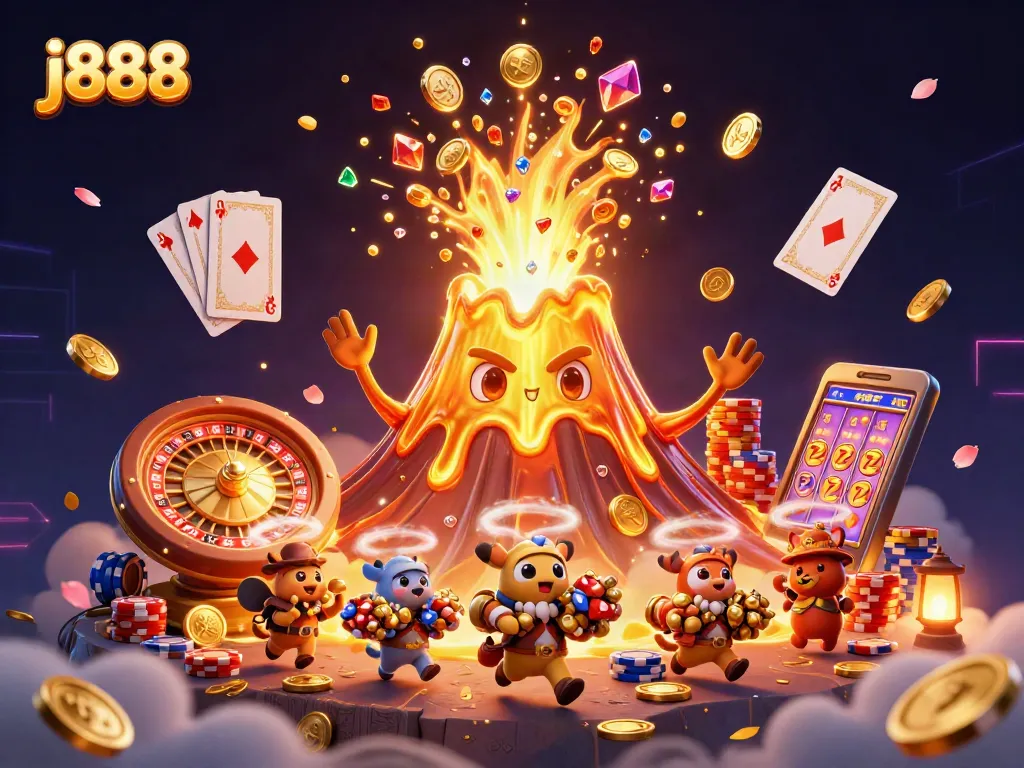 Experience the excitement of j888 with enchanting treasure amidst a 3D casino illustration.